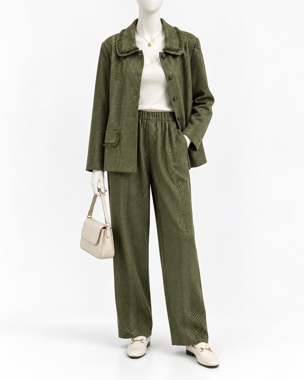 Snake Print Pant Suit Chad’s Place Olive Green Fringe Jacket Wide Leg Vintage 18